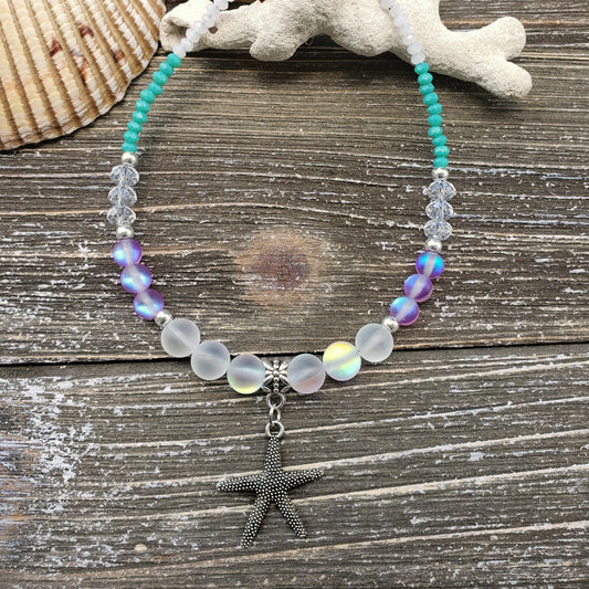 BESHEEK Starfish BLUE PURPLE WHITE Glass Artisan Beaded Anklet with Extension | Handmade Hypoallergenic Beach Gala Wedding Style Jewelry