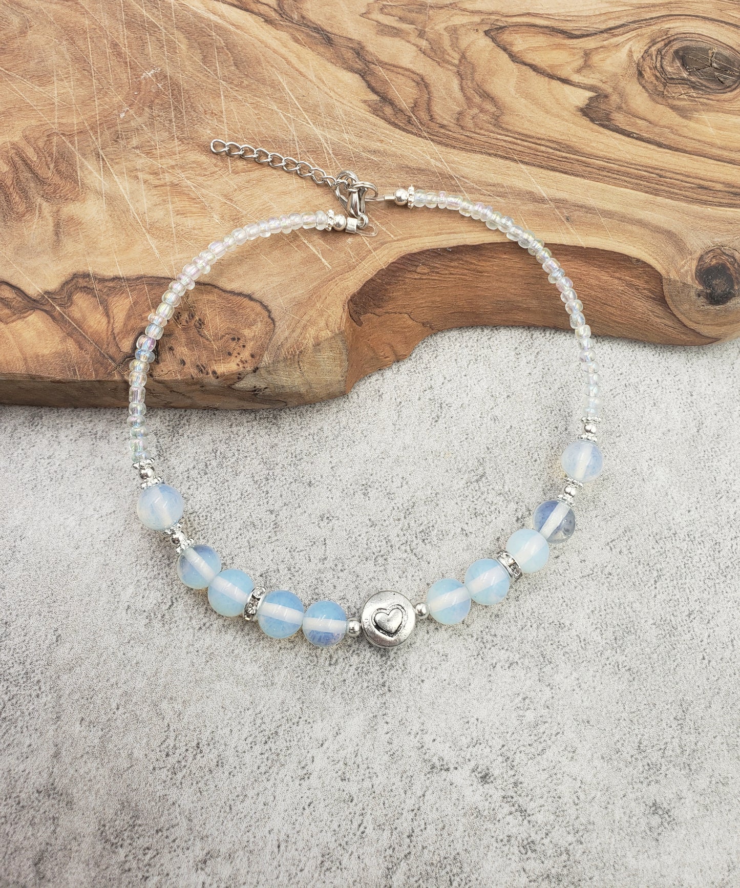 BESHEEK Moonstone Opalite and Clear Crystal Heart Adjustable Anklet | Handmade Hypoallergenic Beach Gala Wedding Style Jewelry