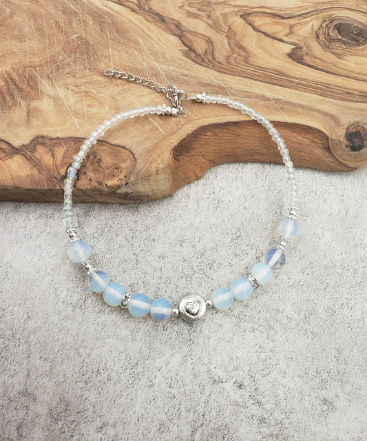 BESHEEK Moonstone Opalite and Clear Crystal Heart Adjustable Anklet | Handmade Hypoallergenic Beach Gala Wedding Style Jewelry