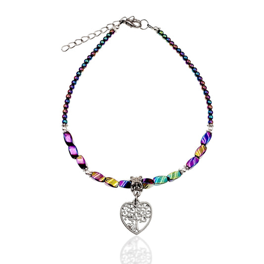 BESHEEK Tree of Life Heart RAINBOW Hematite Artisan Beaded Anklet with Extension | Handmade Hypoallergenic Beach Gala Wedding Style Jewelry