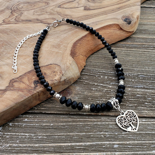 BESHEEK Tree of Life Heart BLACK Faceted Crystal Glass Artisan Beaded Anklet with Extension | Handmade Hypoallergenic Beach Gala Wedding Style Jewelry