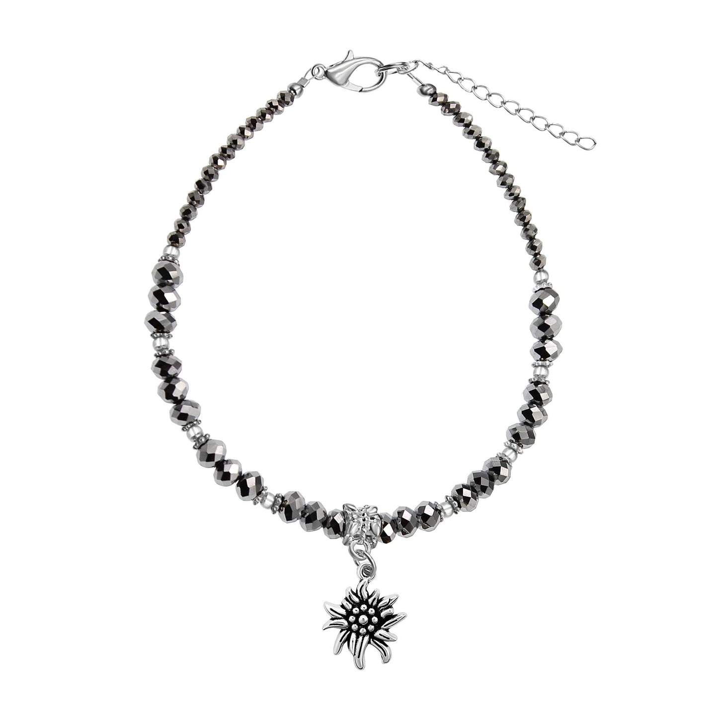 Hematite Crystal & Silvertone Eidleweiss Flower Charm Adjustable Anklet