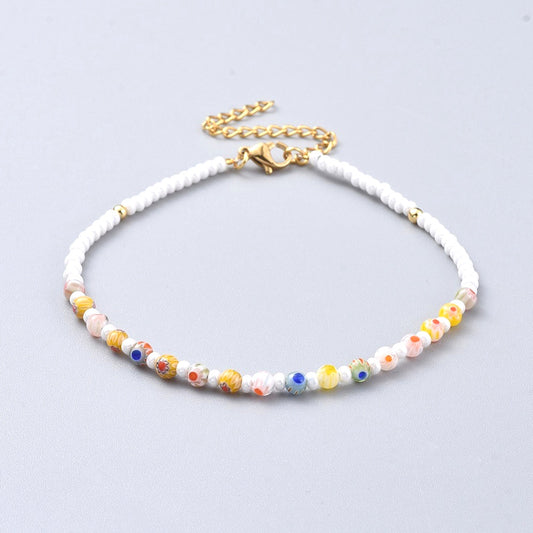 BESHEEK Millefiori Flower WHITE Artisan Beaded Anklet with Extension | Handmade Hypoallergenic Beach Gala Wedding Style Jewelry