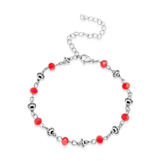 BESHEEK Silvertone RED Faceted Crystal Chain Artisan Beaded Anklet with Extension | Handmade Hypoallergenic Beach Gala Wedding Style Jewelry