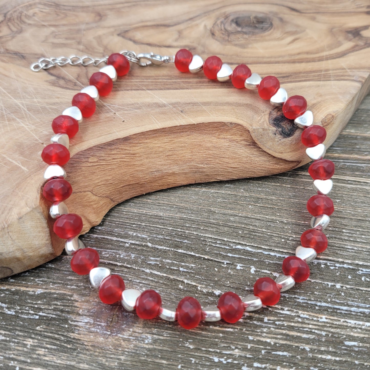 BESHEEK Frosted RED Faceted Crystal Artisan Beaded Anklet with Extension | Handmade Hypoallergenic Beach Gala Wedding Style Jewelry