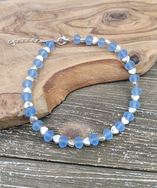 BESHEEK Frosted SAPPHIRE BLUE Faceted Crystal Artisan Beaded Anklet with Extension | Handmade Hypoallergenic Beach Gala Wedding Style Jewelry