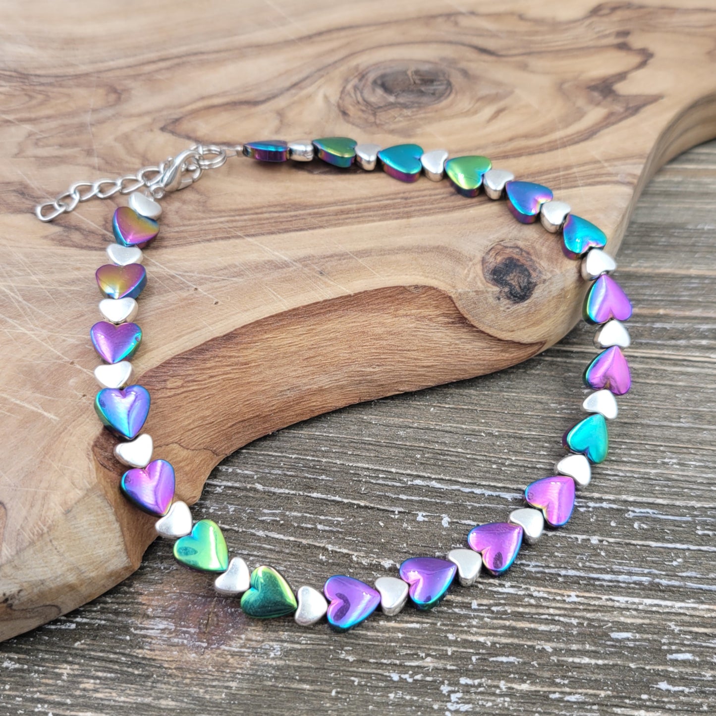 BESHEEK Heart RAINBOW Hematite Stone Artisan Beaded Anklet with Extension | Handmade Hypoallergenic Beach Gala Wedding Style Jewelry