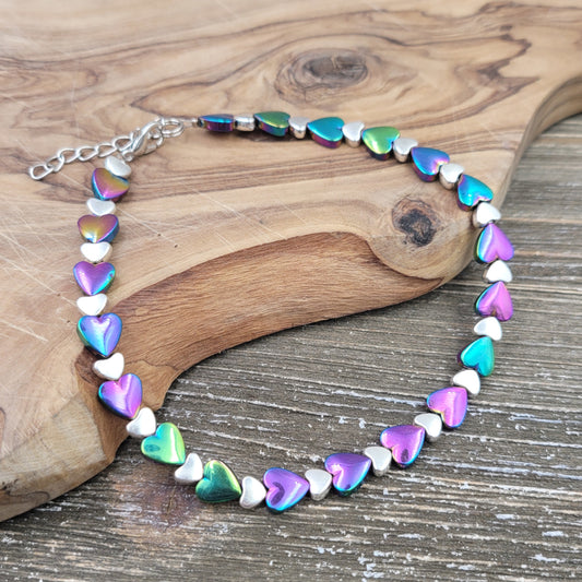 BESHEEK Heart RAINBOW Hematite Stone Artisan Beaded Anklet with Extension | Handmade Hypoallergenic Beach Gala Wedding Style Jewelry