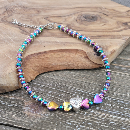 BESHEEK Heart Love RAINBOW Hematite Stone Artisan Beaded Anklet with Extension | Handmade Hypoallergenic Beach Gala Wedding Style Jewelry