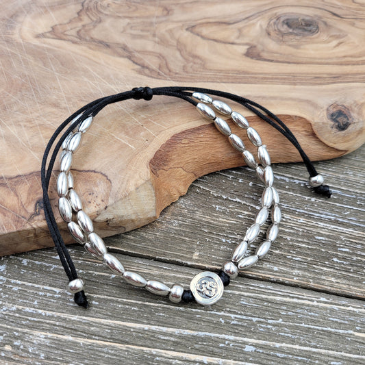 BESHEEK Boho SILVER and BLACK Leather Artisan Beaded SLIDE Anklet | Handmade Hypoallergenic Beach Gala Wedding Style Jewelry