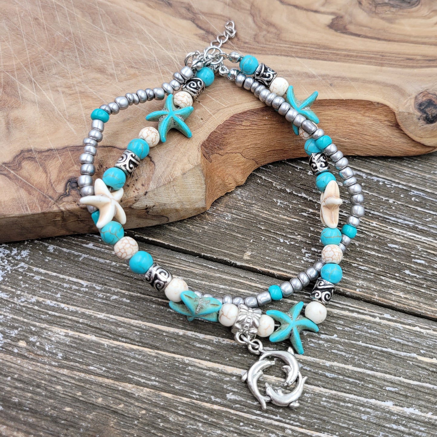 BESHEEK Dolphin BLUE and CREAM Silvertone Turquoise Artisan Beaded Adjustable Anklet | Handmade Hypoallergenic Beach Gala Wedding Style Jewelry