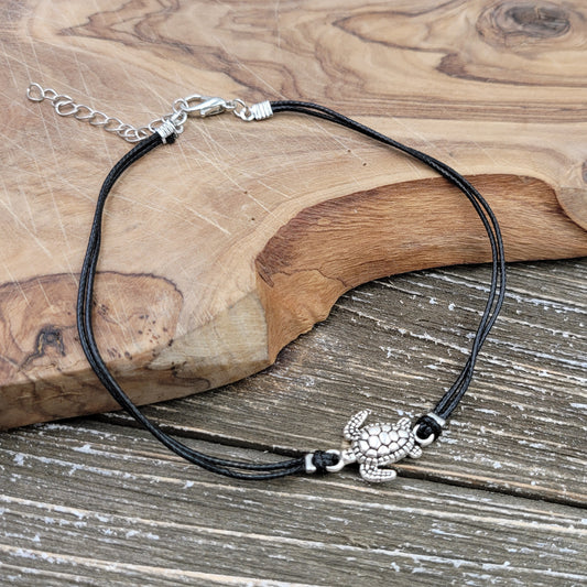 BESHEEK Turtle BLACK Artisan Silvertone Slide Choker Anklet | Handmade Hypoallergenic Beach Gala Wedding Style Jewelry