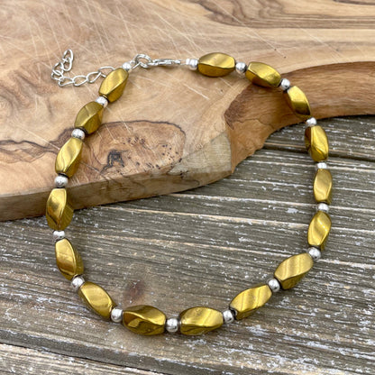 BESHEEK Twist LUSTER GOLD Hematite Stone Artisan Beaded Anklet with Extension | Handmade Hypoallergenic Beach Gala Wedding Style Jewelry