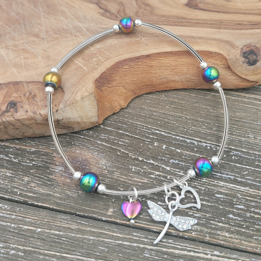 BESHEEK Dragonfly Rainbow Hematite Stone and Tube Artisan Beaded Stretch Anklet | Handmade Hypoallergenic Beach Gala Wedding Style Jewelry