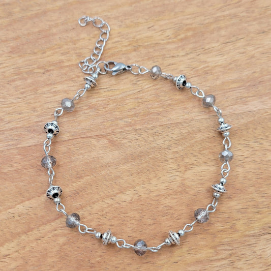 BESHEEK Silvertone SMOKEY TOPAZ Faceted Crystal Chain Artisan Beaded Anklet with Extension | Handmade Hypoallergenic Beach Gala Wedding Style Jewelry