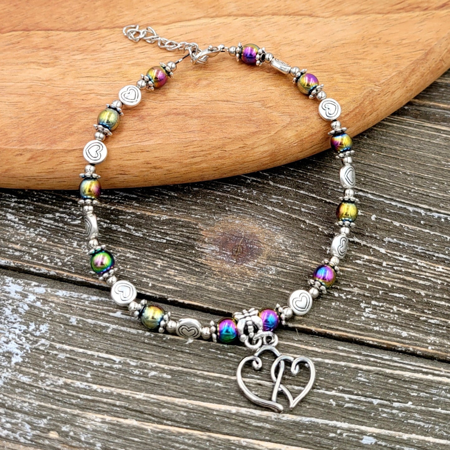 BESHEEK Dual Hearts Round RAINBOW Hematite Stone and HEARTS Artisan Beaded Anklet with Extension | Handmade Hypoallergenic Beach Gala Wedding Style Jewelry