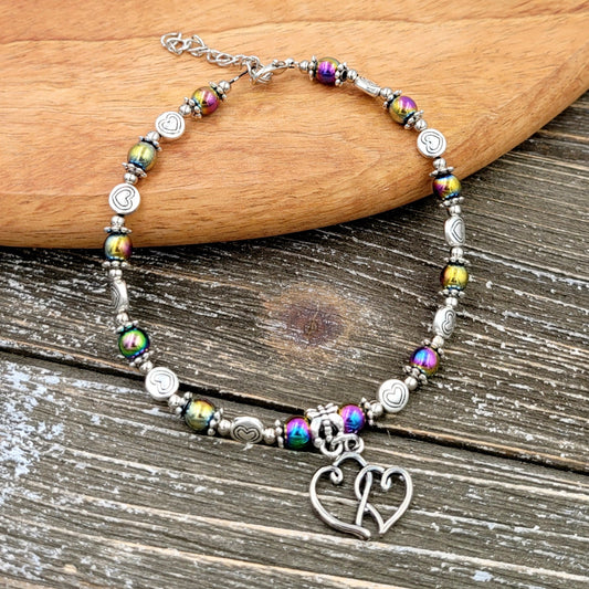 BESHEEK Dual Hearts Round RAINBOW Hematite Stone and HEARTS Artisan Beaded Anklet with Extension | Handmade Hypoallergenic Beach Gala Wedding Style Jewelry