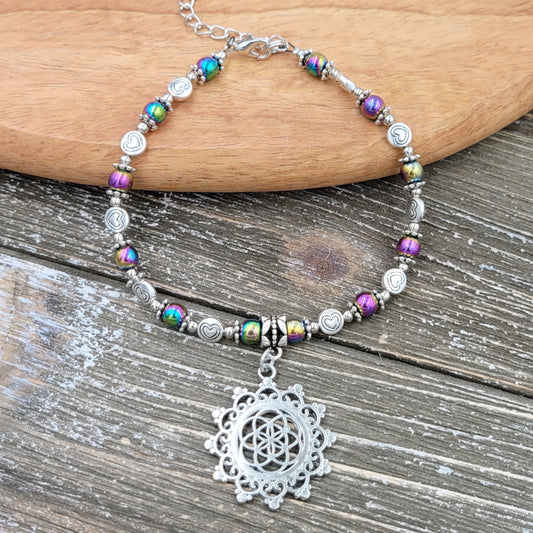 BESHEEK Mandala Flower Round RAINBOW Hematite Stone and HEARTS Artisan Beaded Anklet with Extension | Handmade Hypoallergenic Beach Gala Wedding Style Jewelry