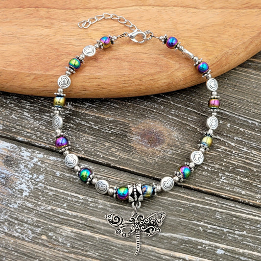 BESHEEK Dragonfly Round RAINBOW Hematite Stone and HEARTS Artisan Beaded Anklet with Extension | Handmade Hypoallergenic Beach Gala Wedding Style Jewelry