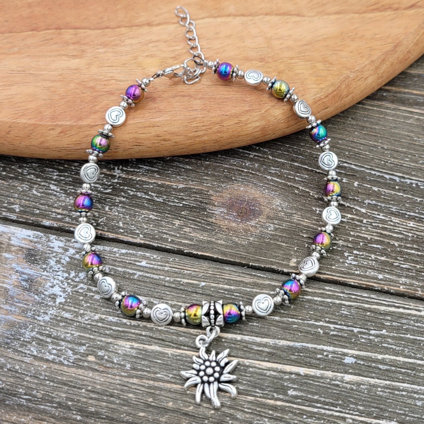 BESHEEK Flower Round RAINBOW Hematite Stone and HEARTS Artisan Beaded Anklet with Extension | Handmade Hypoallergenic Beach Gala Wedding Style Jewelry