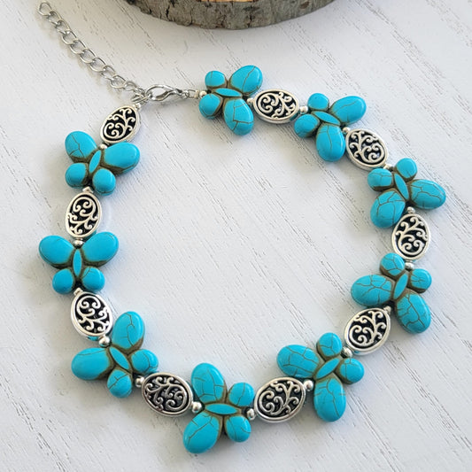 BESHEEK Silvertone and Turquoise Butterfly Filigree adjustable Anklet | Handmade Hypoallergenic Beach Gala Wedding Style Jewelry