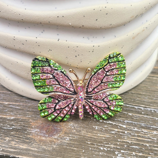 BESHEEK Pink and Lime Green Paved Rhinestone Butterfly Professional Artisan Brooch Pin | Handmade Hypoallergenic Office, Suit, Networking Style Jewelry