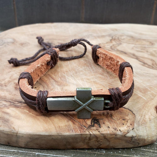 BESHEEK Brown Leather with dark brown cord Steel Cross Bracelet| Handmade Hypoallergenic Boho Beach Gala Wedding Style Jewelry