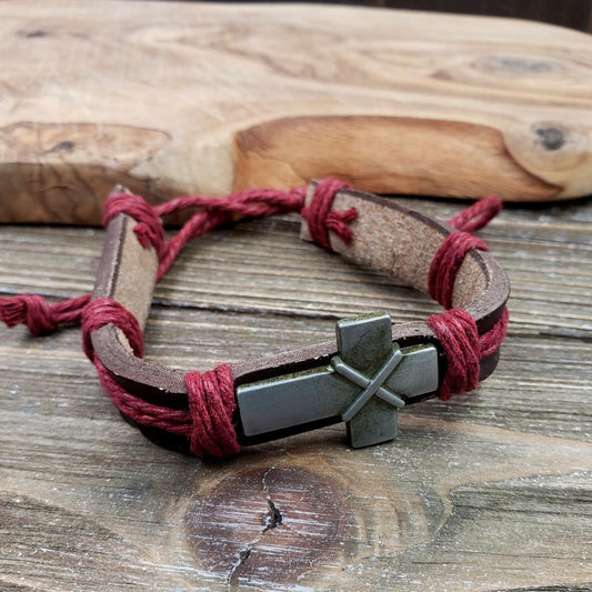 BESHEEK Brown Leather with red cord Steel Cross Bracelet| Handmade Hypoallergenic Boho Beach Gala Wedding Style Jewelry
