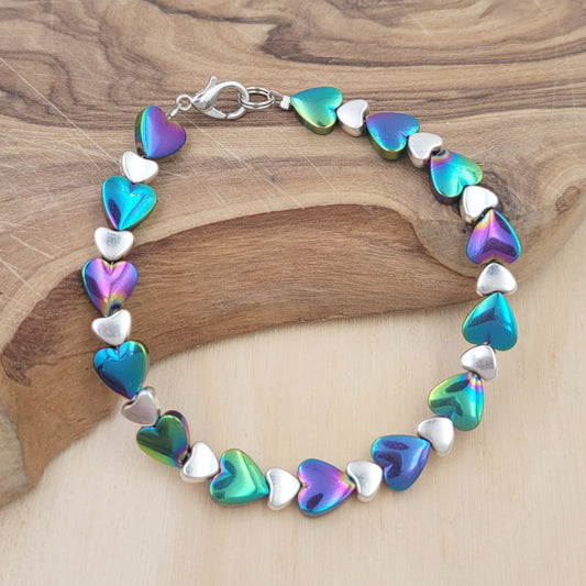 BESHEEK Silvertone Rainbow Hematite Hearts Clasp Bracelet| Handmade Hypoallergenic Boho Beach Gala Wedding Style Jewelry