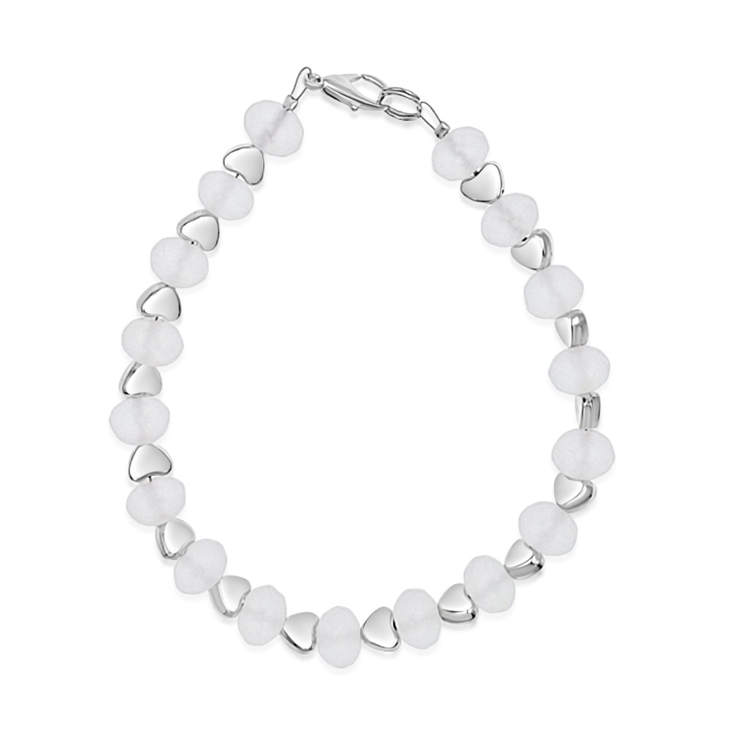 BESHEEK Silvertone hearts and Frosted Clear Crystal Clasp Bracelet| Handmade Hypoallergenic Boho Beach Gala Wedding Style Jewelry
