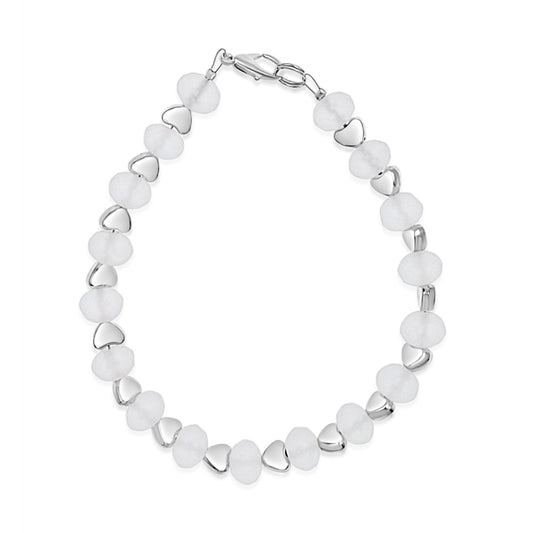 BESHEEK Silvertone hearts and Frosted Clear Crystal Clasp Bracelet| Handmade Hypoallergenic Boho Beach Gala Wedding Style Jewelry