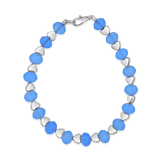 BESHEEK Silvertone hearts and Frosted Blue Sapphire Crystal Clasp Bracelet| Handmade Hypoallergenic Boho Beach Gala Wedding Style Jewelry