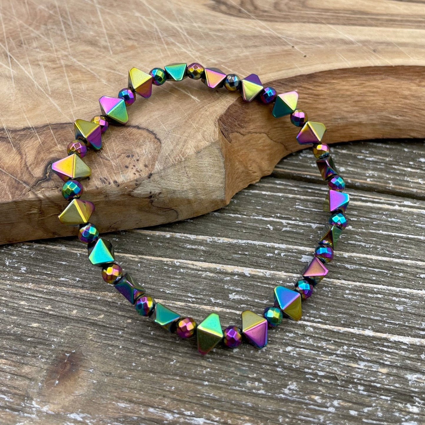 BESHEEK Rainbow Diamond Crystal Hematite Stretch Bracelet| Handmade Hypoallergenic Boho Beach Gala Wedding Style Jewelry
