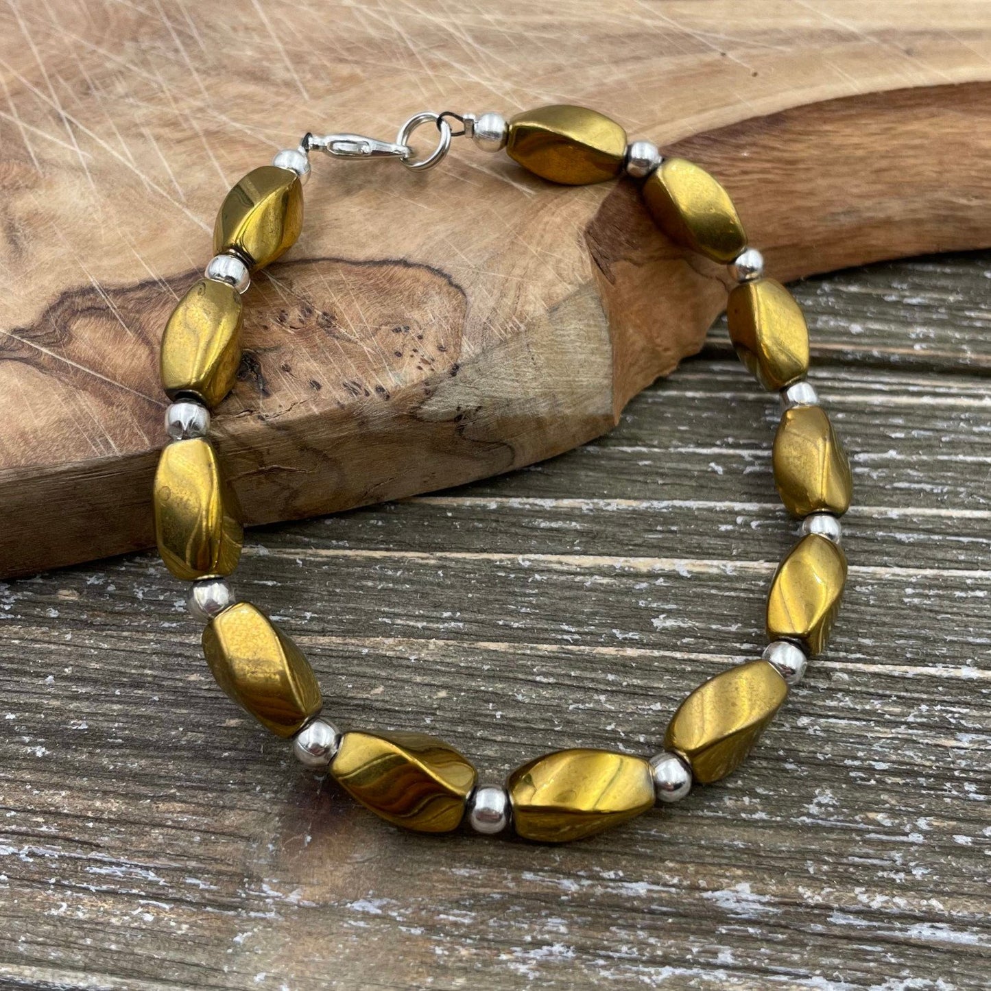 BESHEEK Silvertone and Golden Luster Twisted Hematite Bracelet| Handmade Hypoallergenic Boho Beach Gala Wedding Style Jewelry