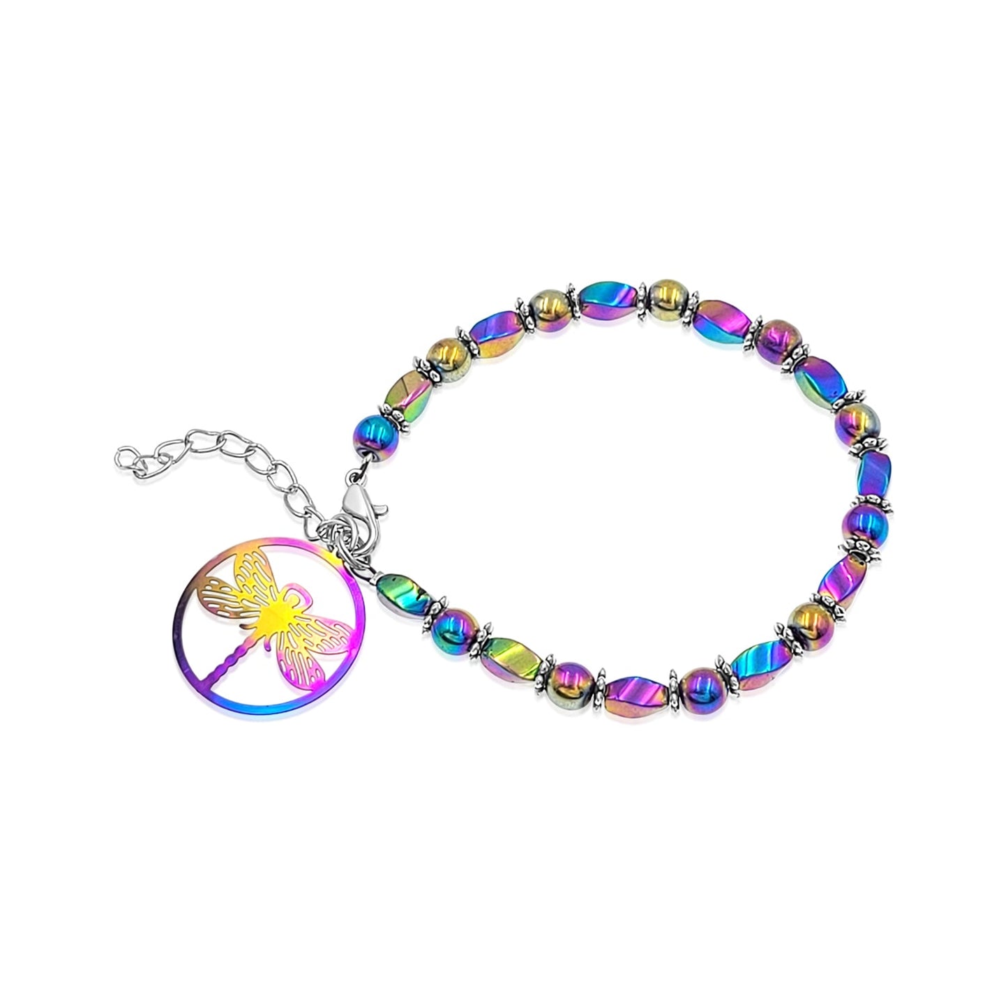 BESHEEK Rainbow Stainless Steel and Hematite Beaded Dragonfly Bracelet| Handmade Hypoallergenic Boho Beach Gala Wedding Style Jewelry