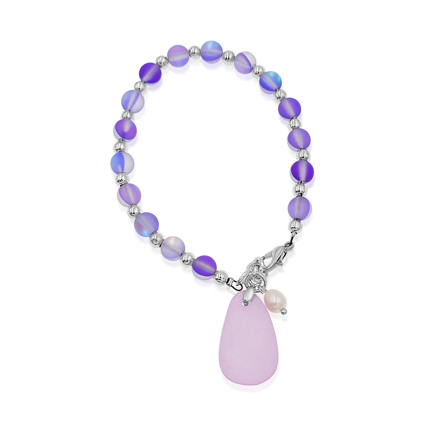BESHEEK Silvertone, Purple Seaglass and Freshwater Pearl Beaded Bracelet| Handmade Hypoallergenic Boho Beach Gala Wedding Style Jewelry