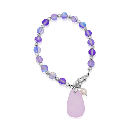 BESHEEK Silvertone, Purple Seaglass and Freshwater Pearl Beaded Bracelet| Handmade Hypoallergenic Boho Beach Gala Wedding Style Jewelry
