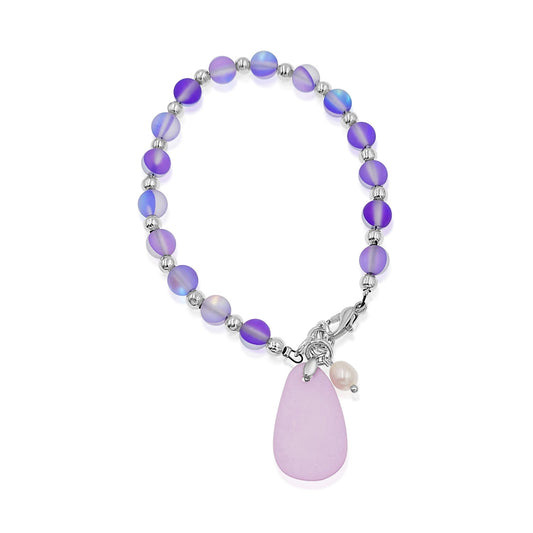 BESHEEK Silvertone, Purple Seaglass and Freshwater Pearl Beaded Bracelet| Handmade Hypoallergenic Boho Beach Gala Wedding Style Jewelry