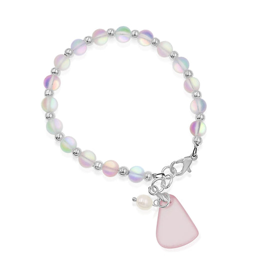 BESHEEK Silvertone, Clear, Pink Seaglass and Freshwater Pearl Beaded Bracelet| Handmade Hypoallergenic Boho Beach Gala Wedding Style Jewelry