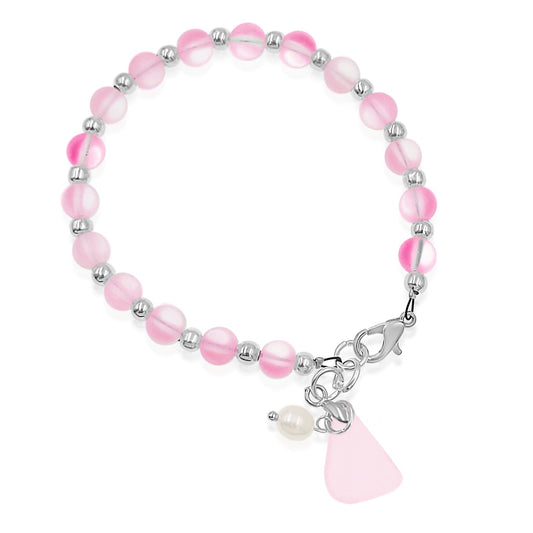 BESHEEK Silvertone, PInk Seaglass and Freshwater Pearl Beaded Bracelet| Handmade Hypoallergenic Boho Beach Gala Wedding Style Jewelry