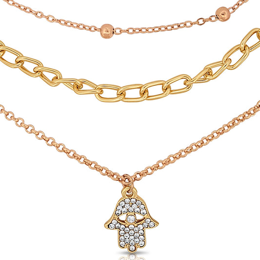 BESHEEK Goldtone and Rhinestone Hamsa Hand Multi Layered Bracelet| Handmade Hypoallergenic Boho Beach Gala Wedding Style Jewelry