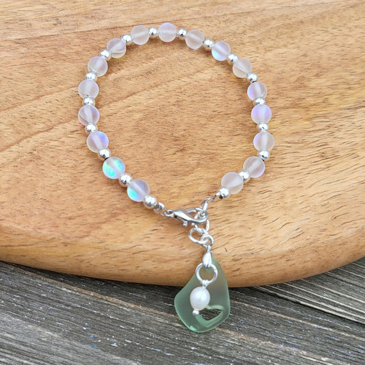 BESHEEK Mint Seaglass with Heart and Freshwater Pearl Bracelet| Handmade Hypoallergenic Boho Beach Gala Wedding Style Jewelry