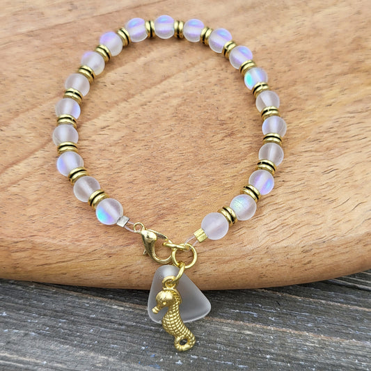 BESHEEK Mermaid Beads, Seaglass and Seahorse Bracelet.| Handmade Hypoallergenic Boho Beach Gala Wedding Style Jewelry