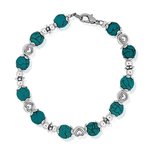 BESHEEK Silvertone Tibetan Turquoise and Hearts Bracelet.| Handmade Hypoallergenic Boho Beach Gala Wedding Style Jewelry