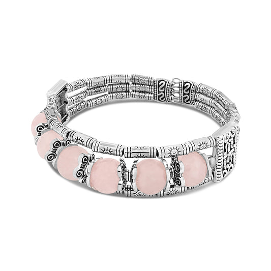 Silvertone and Rose Quartz Mayan Layered Cuff Bracelet