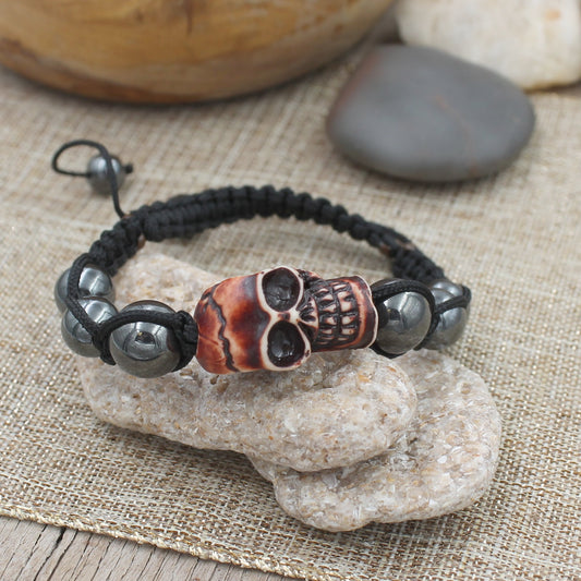 BESHEEK Ajustable Shambala brown Skull and Hematite Macrame Bracelet| Handmade Hypoallergenic Boho Beach Gala Wedding Style Jewelry