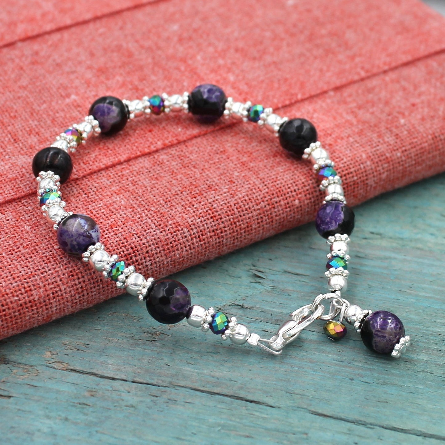 BESHEEK Silvertone and Crystal Purple and Black Calsilica Bali Style Bracelet| Handmade Hypoallergenic Boho Beach Gala Wedding Style Jewelry