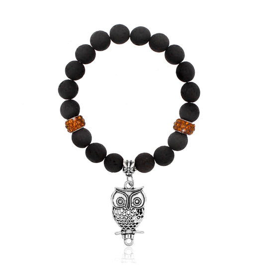 BESHEEK Wise Owl Black Lava Stone and rhinestone Stretch Bracelet| Handmade Hypoallergenic Boho Beach Gala Wedding Style Jewelry
