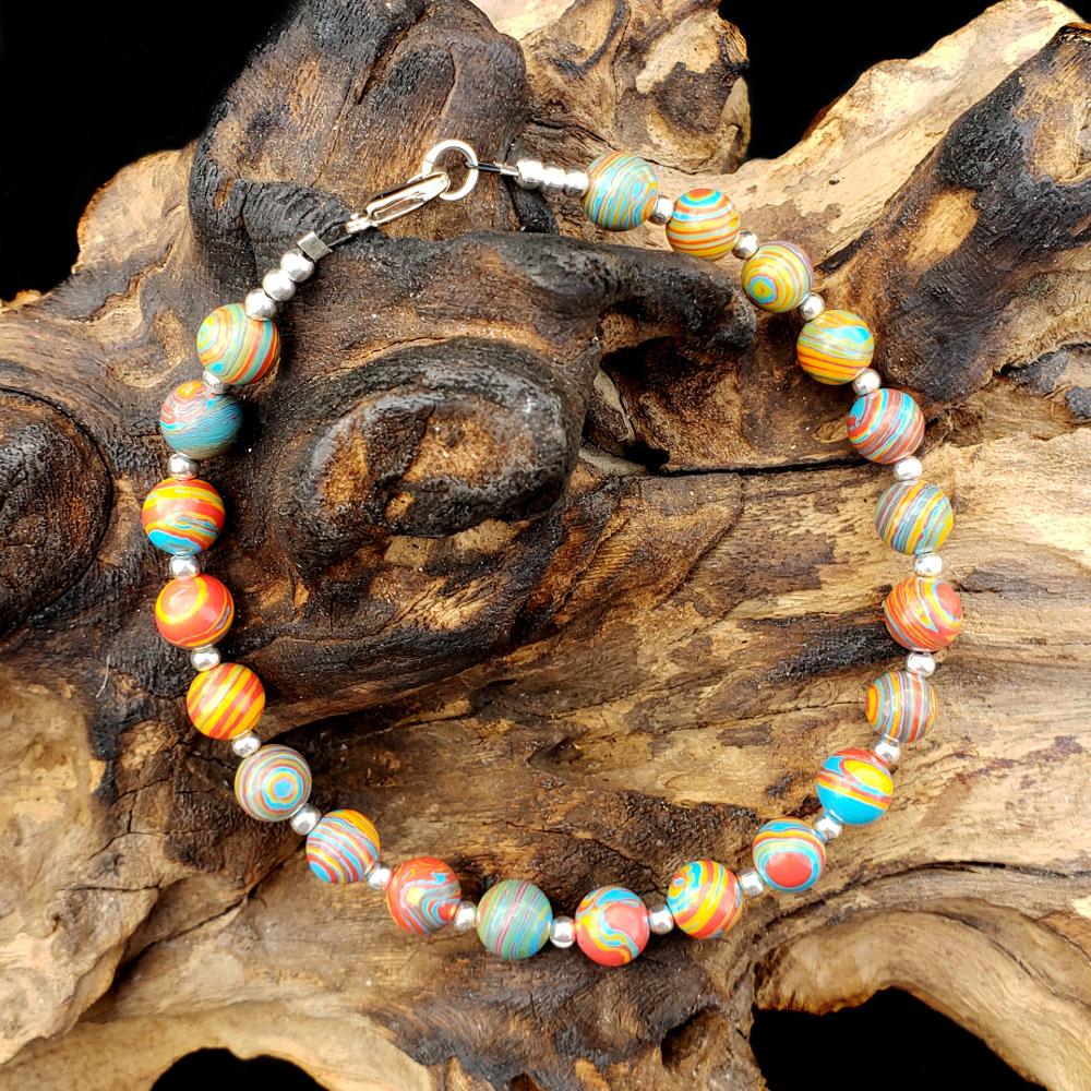 BESHEEK Silvertone and Rainbow calsilica bracelet| Handmade Hypoallergenic Boho Beach Gala Wedding Style Jewelry
