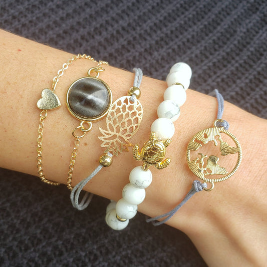 BESHEEK Goldtone group of 5 adjustable bracelets| Handmade Hypoallergenic Boho Beach Gala Wedding Style Jewelry